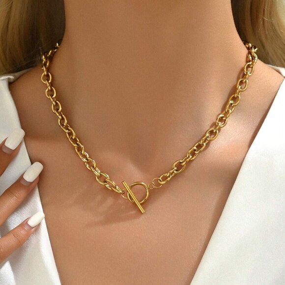 🆕Women Gold Cuban Choker Necklace Chunky Chain Clasp Toggle Herringbone Jewelry - Picture 2 of 7